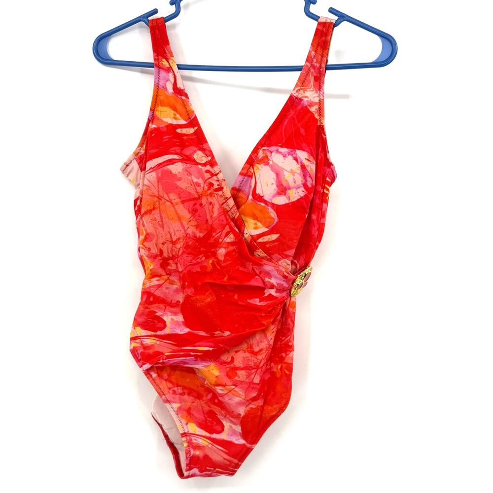 Gottex Size 6 One‎ Piece Swimsuit Swim Red Orange V Neck Wrap Style Front